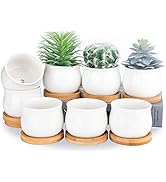 SHECIPIN Succulent Plant Pot, White Mini 2.6 inch Ceramic Flower Planter Pot with Bamboo Tray, Pa...