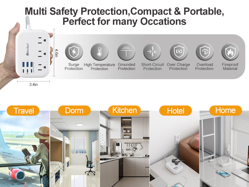 Short Extension Cord 1 Ft- 6 USB(3 USB C) Travel Power Strip with 24W USB Charging Station