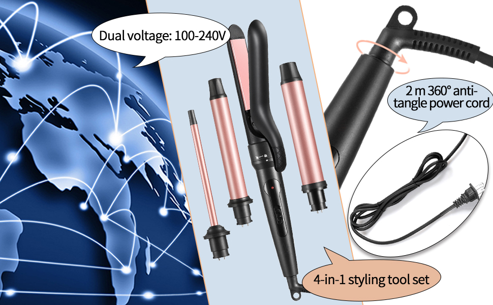 Dual voltage: 100-240V/2 m 360º anti- tangle power cord/4-in-1 styling tool set