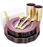 KIRE 210Pcs Purple Plastic Plates with Gold Rim& Silverware &Cups&Hand Napkin - Baroque Clear Pla...