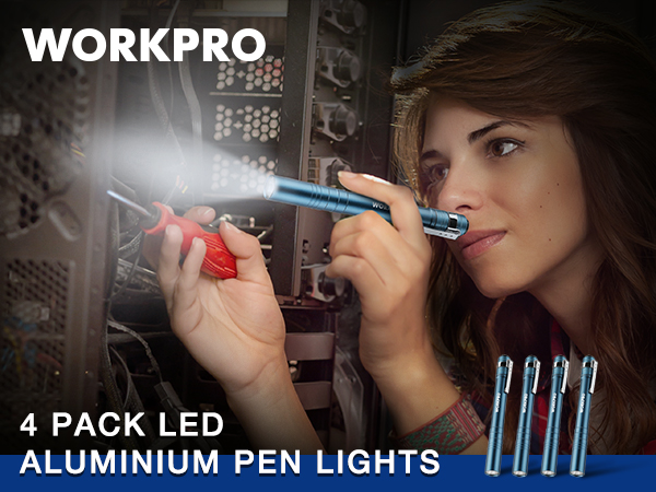 WORKPRO 4PK 2AAA Aluminium Pen Light Set