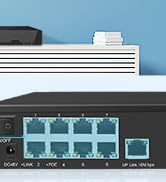 Computer networking equipment showing a blue and black router/network switch device with multiple connection ports on the front panel.