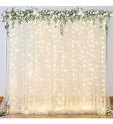 10ft x 10ft Champagne Tulle Backdrop Curtain with Lights String for Parties Wedding Bridal Shower...
