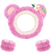 CAVETEE Hairband, 3 Piece Fluffy Pink Bear Ear Makeup Headband and Wristband Set for Women, Spa C...
