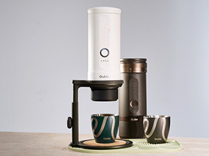 Series of images showing a digital alarm clock or timer device in black, displayed in different settings and angles on desk surfaces.