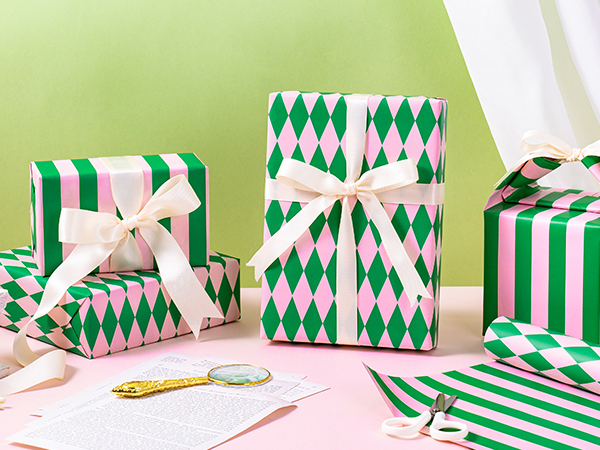 Green & Light Pink Stripes and Diamond Pattern Reversible Wrapping Paper