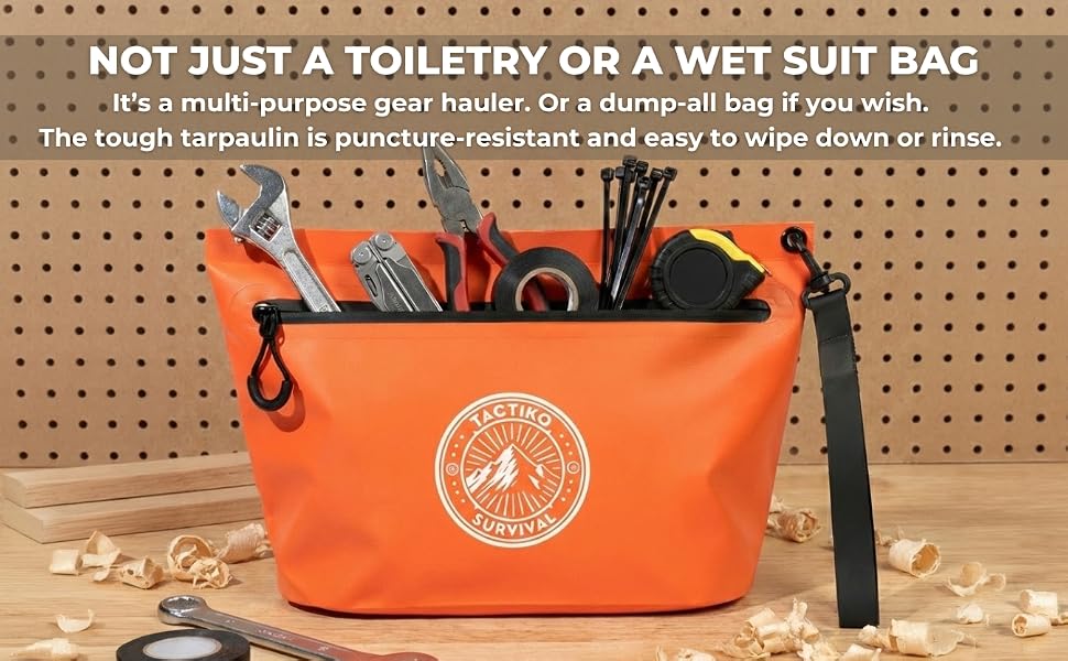 Orange pouch filled with tools on a pegboard workbench