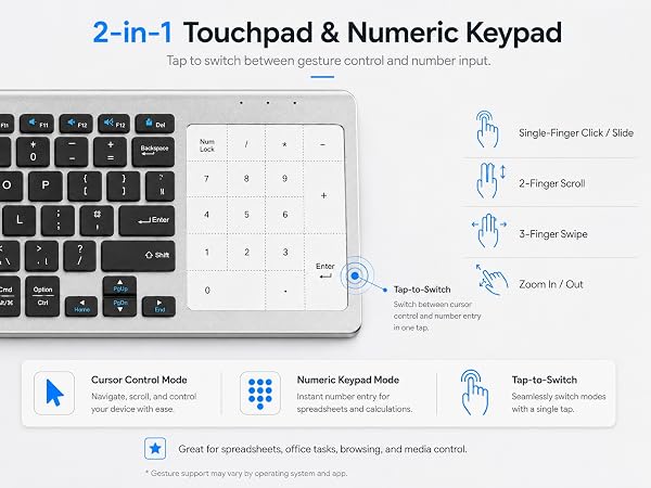 wireless keyboard with touchpad and numeric keypad