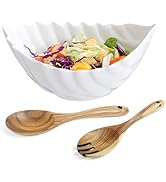 SHUOGUO Large Salad Bowl Set -10" White Ceramic Salad Bowl with Wood Salad Servers ,Multipurpose ...