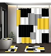 Tayney Yellow Geometric Shower Curtain Set with Toilet Lid Cover and Non-Slip Rugs for Bathroom, ...