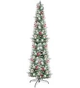 KTKDE 6ft Artificial Pencil Christmas Tree, Snow Flocked Unlit Slim Xmas Tree with 30 Pine Cones ...