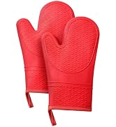 Heat Resistant Silicone Oven Mitts, Up to 500°F Protection for Baking & Grilling, 1 Pair (Red, St...