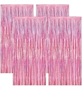4 Pack Pink Backdrop, 3.28 FT x7.05 FT Foil Fringe Curtains, Metallic Glitter Pink Streamer Fring...
