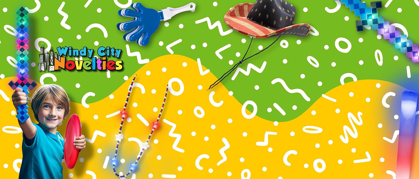 Kid holds out pixel sword and holds stocking in front of a background strewn with products