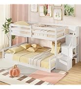 Giantex Twin Over Full Bunk Bed with Stairs, Solid Wood Floor Bunk Bed with Storage Staircase & F...