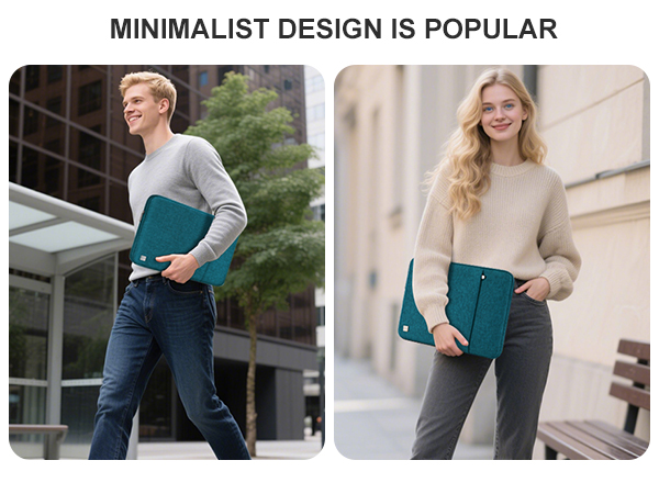 Text reads 'MINIMALIST DESIGN IS POPULAR'. Multiple lifestyle shots showing teal colored clutch or wallet being carried and demonstrated in outdoor settings.