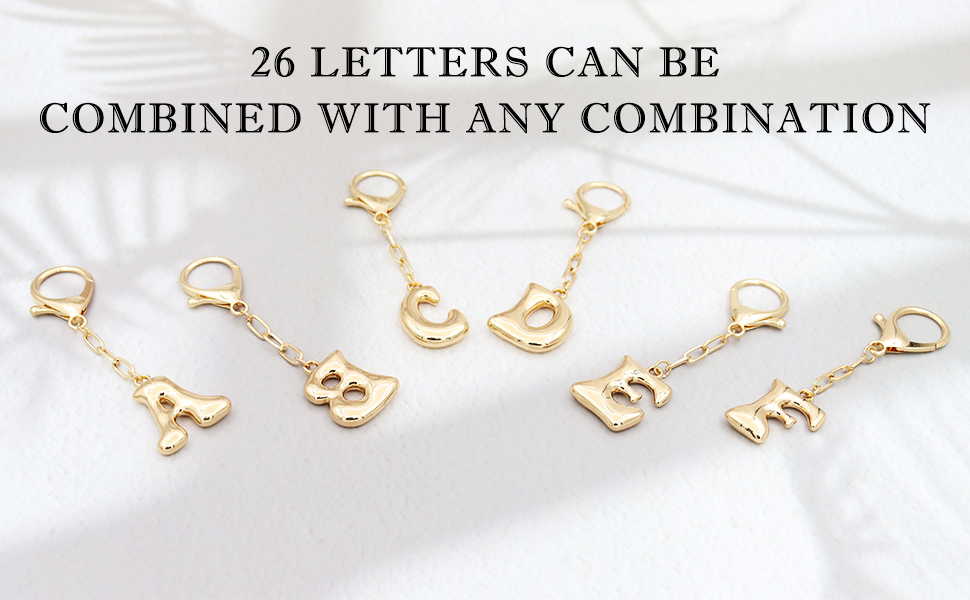 Golden inflatable letters A-F keychains emphasizing mixable design and sleek finish.