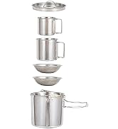 DZRZVD Portable Stainless Steel Camping Kettle Pot Set 5pcs,1.2L Kettle Pot with Handles and Lid ...