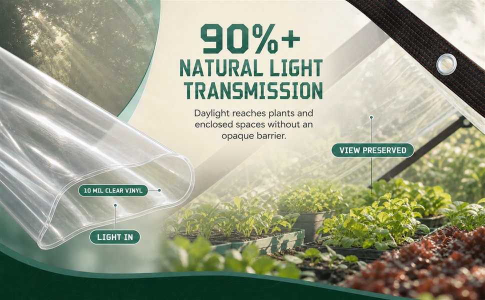 10 mil clear vinyl tarp transmitting more than 90 percent natural light over greenhouse plants