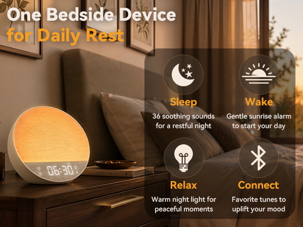 Sunrise alarm clock with white noise sound machine and Bluetooth speaker on a bedroom nightstand.