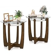 Giantex Round Glass End Table Set of 2, 24’’ Side Table with Tempered Glass Top, Nightstands with...