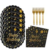 BOKFJBP 48PCS Happy Birthday Plates and Napkins Party Supplies-Disposable Black and Gold Birthday...