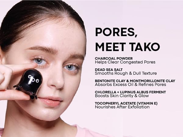 Model with Tako Scrub Stick; key ingredients: Charcoal, Clay, Dead Sea Salt