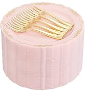 LIYH 100pcs Pink Gold Dessert Plates, 100pcs Gold Plastic Forks,Cake Plates Disposable,Gold Cake ...