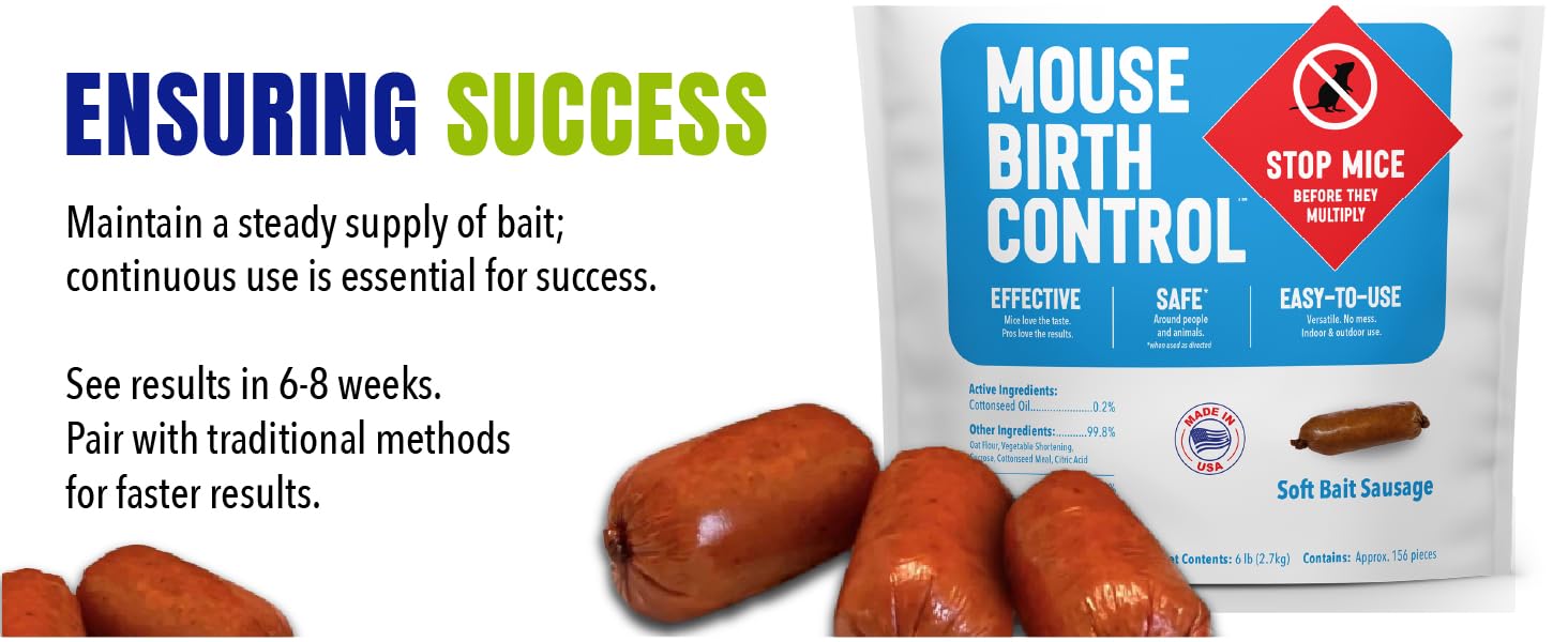 Mouse Birth Control soft bait sausage - maintain steady bait supply, results in 6-8 weeks