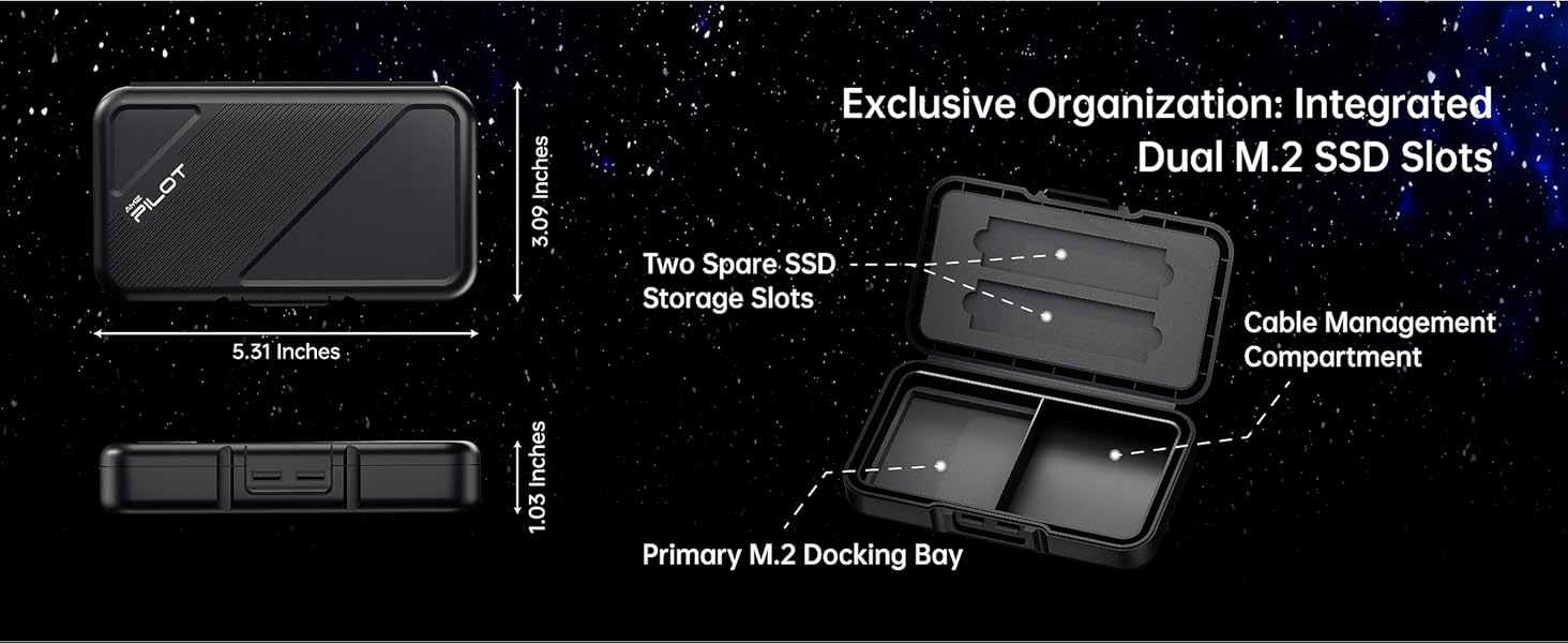 portable storage case for m.2 dock holding two extra M.2 SSDs and usb cables