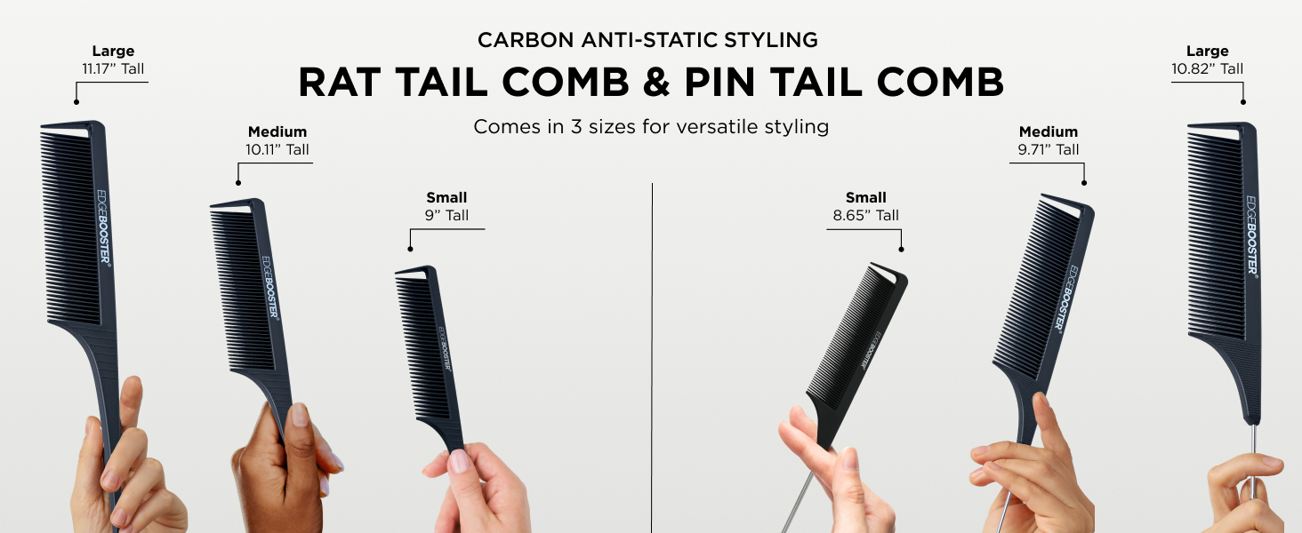 EDGE BOOSTER carbon rat tail and pin tail combs shown in small medium and large sizes