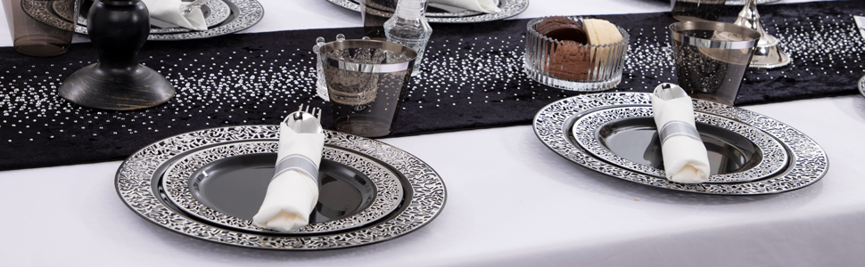 black and silver plastic plates
