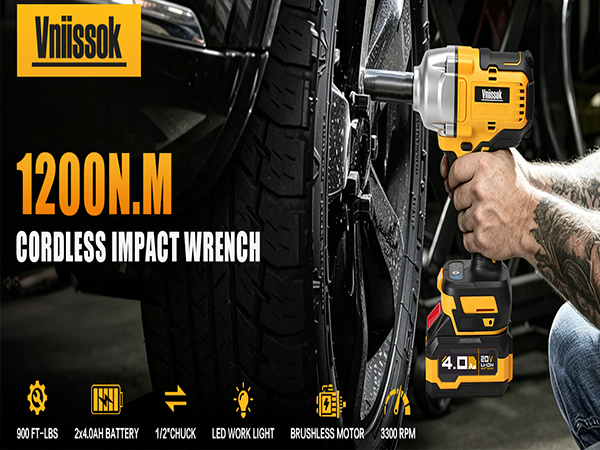 Cordless Impact Wrench 1/2 inch, Brushless Impact Gun, High Torque with 4.0 Ah Battery