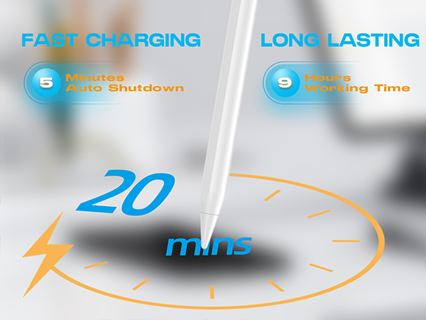 Digital interface graphic showing fast charging features, with '20 mins' text, lightning bolt icon, and blue/orange circular timer display.