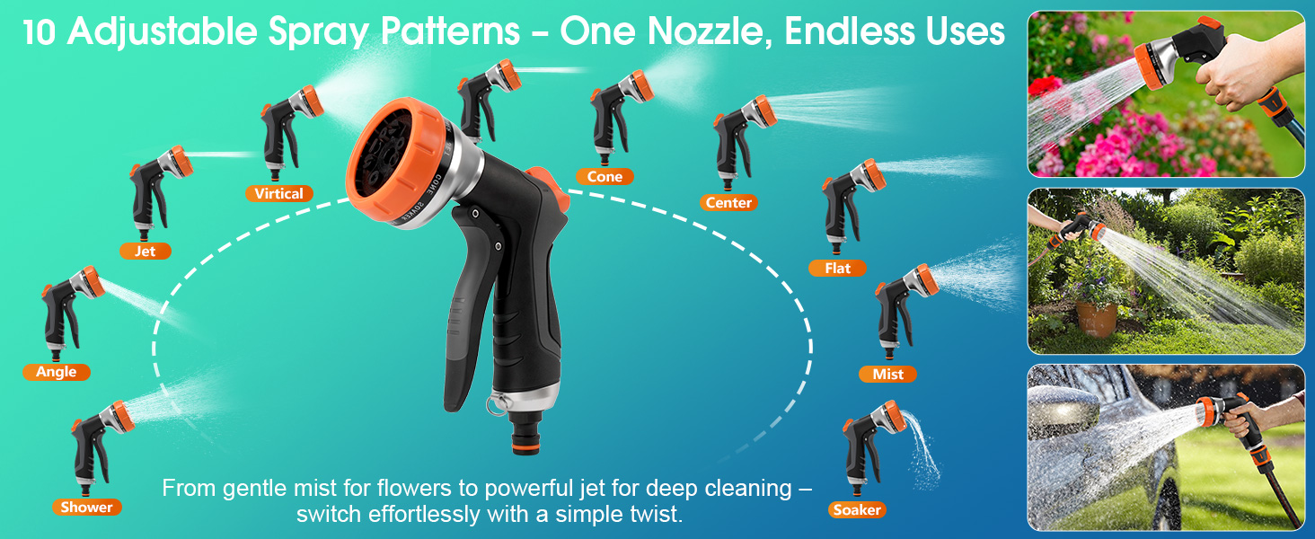 10 Adjustable Spray Patterns - One Nozzle, Endless Uses