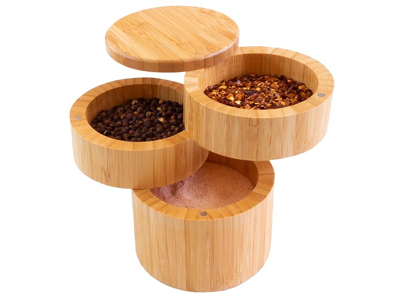 Triple Bamboo Salt Box with Magnetic Swivel Lids