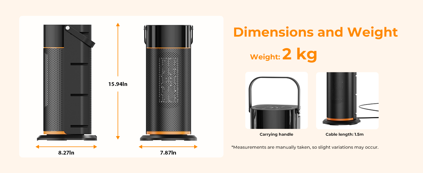 Text reads 'Dimensions and Weight' and 'weight 2 kg'. Technical diagram showing height and dimension specifications of a black cylindrical device from multiple angles.