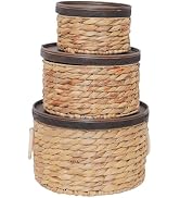 Water Hyacinth Storage Basket with Wood Lid - Handwoven Round Shelf Basket for Organizing, Rustic...