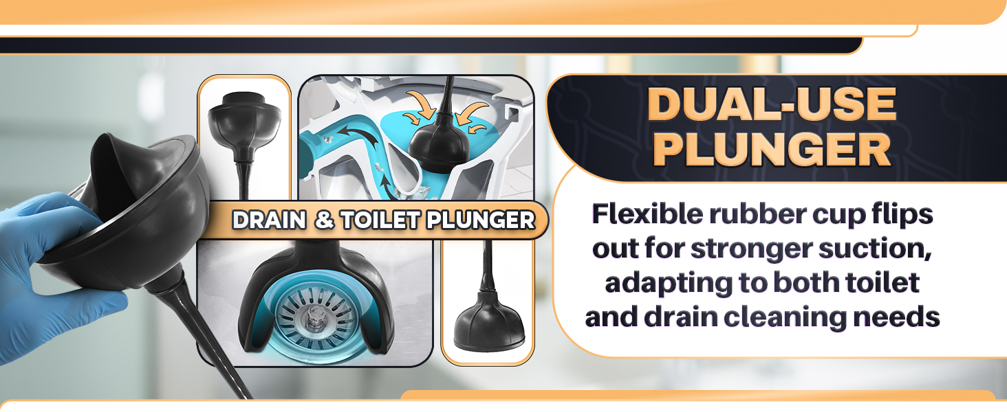 Gloved hand grips the black plunger of a 2 in 1 toilet plunger and brush set over a sink drain