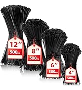 Zip Ties Assorted Sizes(4”+6”+8”+12”), 2000 Pack,Black Cable Ties,Multi-Purpose Self-Locking Nylo...