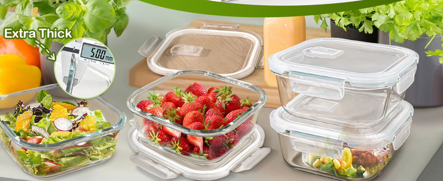 3 Cup Glass Storage Containers with Lids 24 oz, Small Square Borosilicate Glass Food