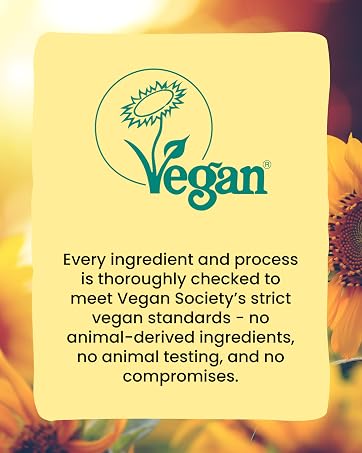 Text reads 'Vegan', 'meet Vegan Society's strict vegan standards - no compromises', 'Every ingredient and process is thoroughly checked to avoid animal-derived ingredients, no animal testing, and no'. Yellow-orange background with text overlays.