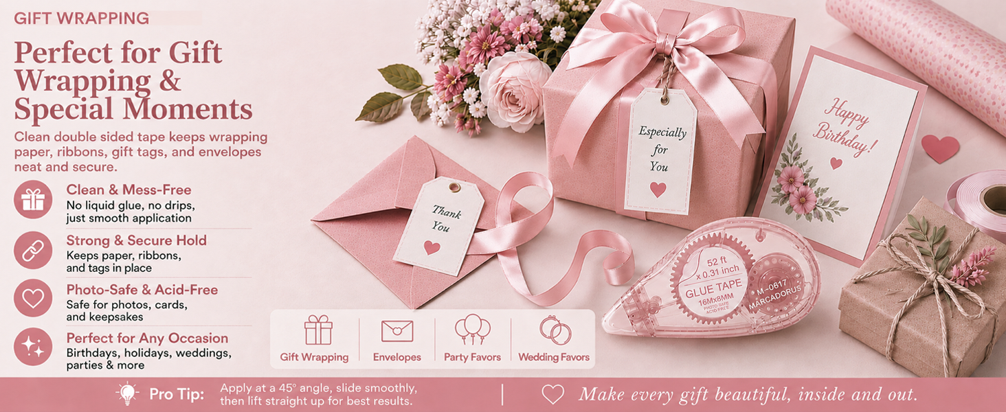 Gift tape and double sided tape roller for tags, envelopes and wrap