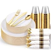 KIRE 175PCS Gold Plates Disposable - Heavy Duty White and Gold Plastic Plates Dinnerware Sets - 2...