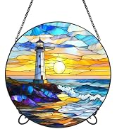 Suncatcher Stained Glass Window Hanging - Golden Seaside Sunrise Colored Glass Panel Round Sun Ca...