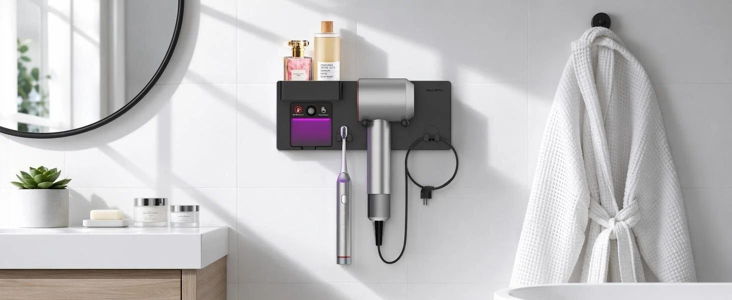 Bathroom Hair Tool Organizer with Top Storage Shelf, 2 Toothbrush Slots