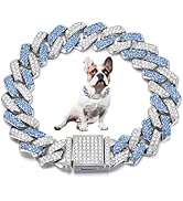 Silver Blue Cuban Link Dog Collar, Girl Bling Chain Dog Collar Diamond Rhinestone Sparkly Jewelry...