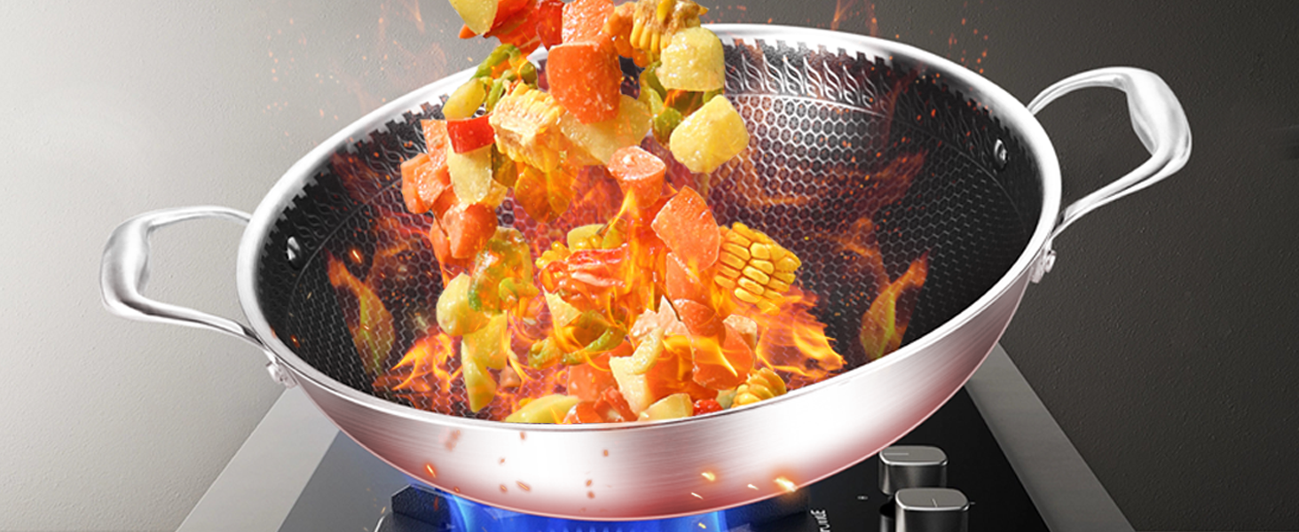 Tri-Ply Stainless Steel Wok Pan Nonstick