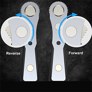 Two white plastic gear-shaped tools with blue handles, labeled 'Reverse' and 'Forward', designed for adjusting or measuring.