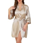 Vlazom Women's Silky Satin Robe 3/4 Sleeves with Sheer Mesh Cuffs Bathrobe for Bridal, Spa or Eve...